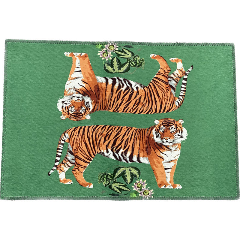 Tiger Seeing Double Microfiber Rectangle Washable Rug, Kelly, Rectangle 5' x 7'