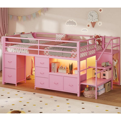 Low Loft Bed Twin Size With Stairs,7 Drawers, Bookcase And Led Lights, Pink