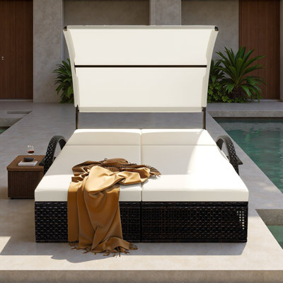 Outdoor Steel Frame Sun Lounger With Curved Sun Canopy, Adjustable Backrest, Hidden Side Table And Arched Armrests