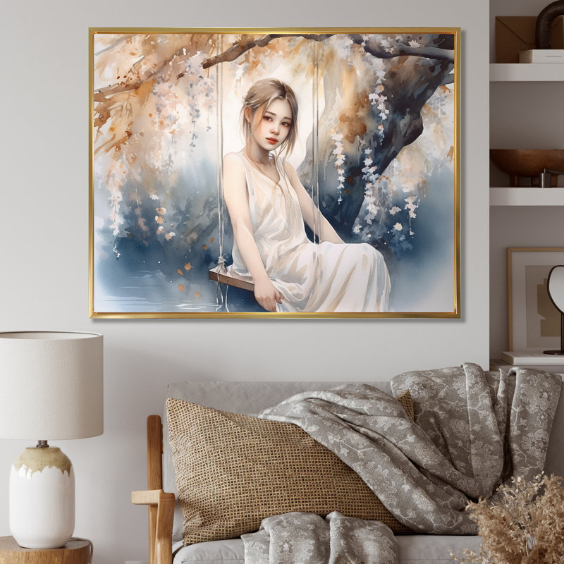 Superbe femme sous un saule II - mode femme, impressions sur toile, H 12 po x l 20 po x P 1 po, Cadre flottant doré