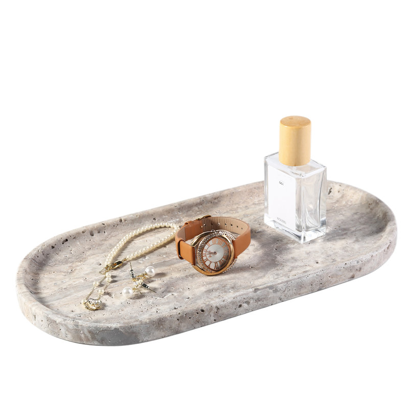 Plateau en marbre naturel ovale Guein, Travertin argent