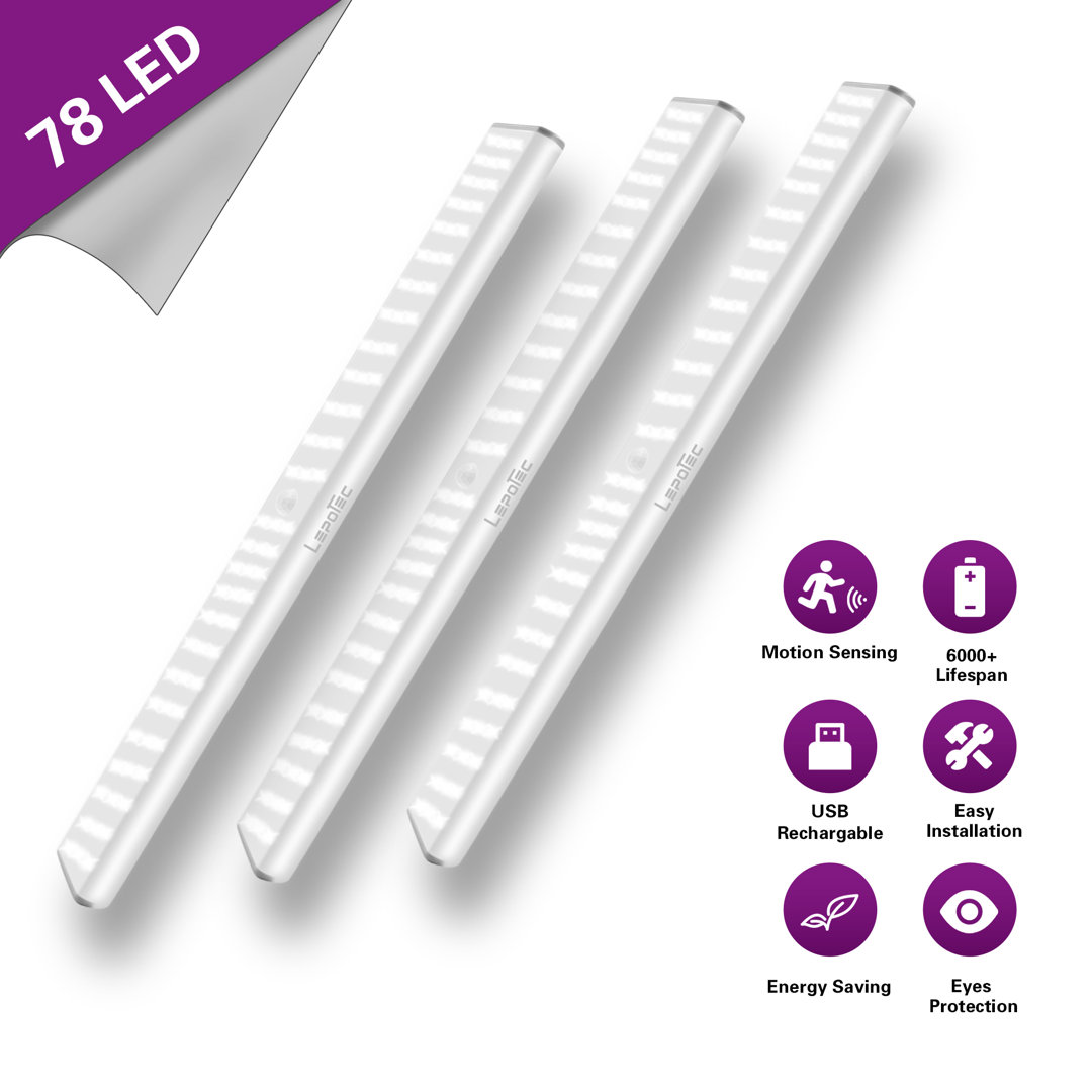 LEPOTEC 15.74Inch 78 LED Cool Wireless Rechargeable Motion Sensor Cabinet Light (Set of 3) Lepotec