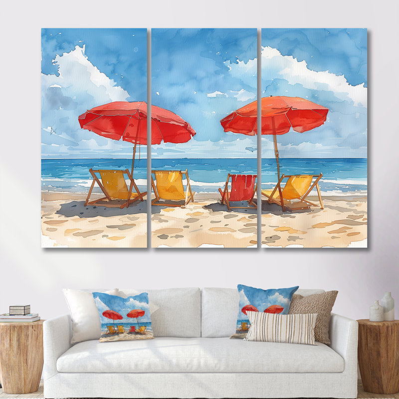 Red Blue Italian Beachside Escape - Ensemble de décoration murale plage, Toile tendue, H 40 po x l 60 po x P 1 po