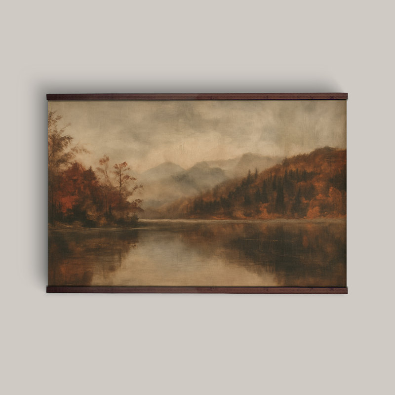 Extra Large Vintage Landscape Tapestry Wall Hanging – Misty Mountain Lake Scene with Wooden Hanger, 40" H x 60" W