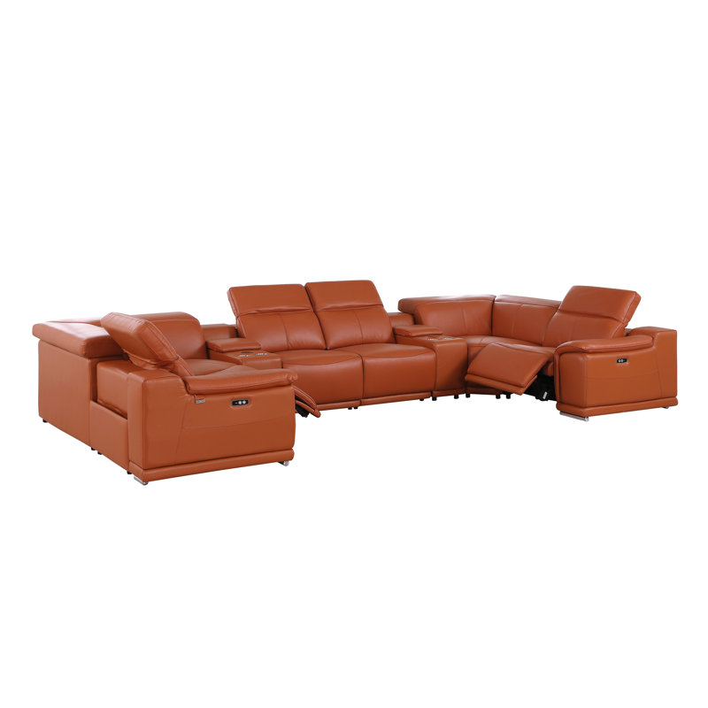 Ismeta 8 Piece 2 Power Recliner Top Grain Italian Leather Sectional, Camel Genuine Leather