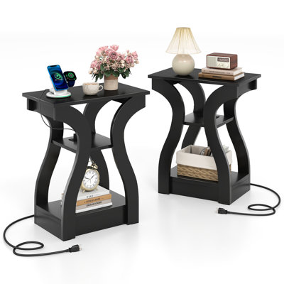 End Tables w/Charging Station Set of 2 3-Tier Side Tables w/USB Ports & Outlets