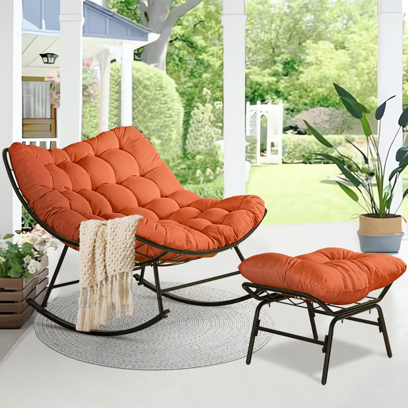 Chaises berçantes d'extérieur avec coussins et repose-pieds, Orange