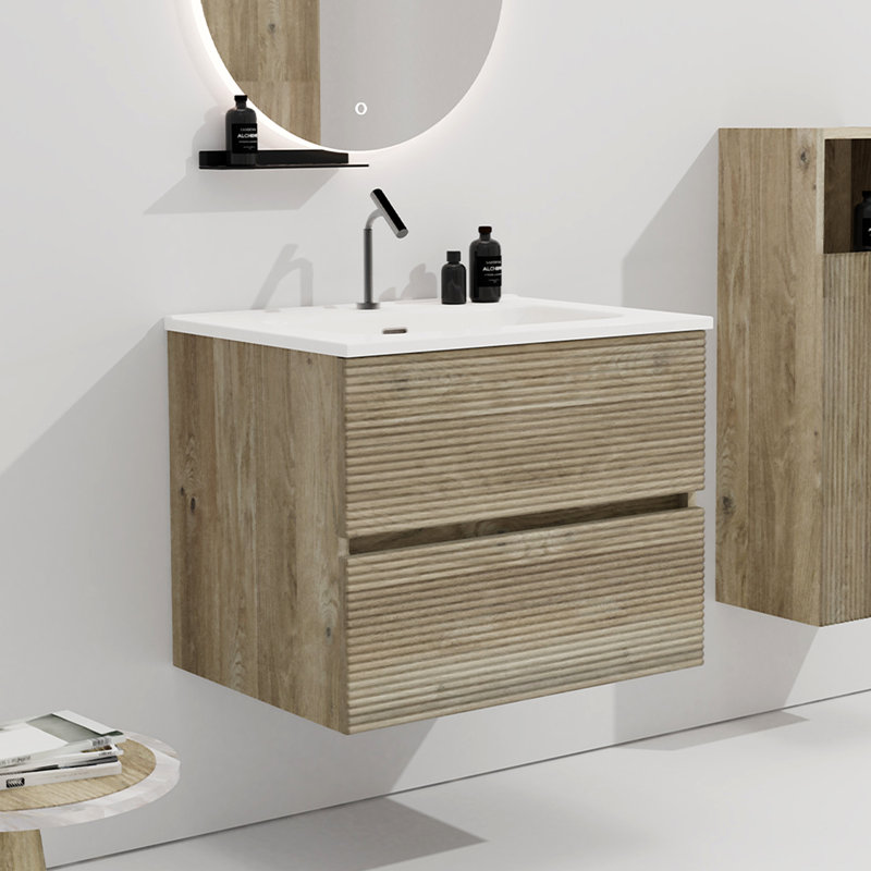Meuble-lavabo mural 24 po en chêne brut avec lavabo intégré en céramique avec trop-plein, grand meuble-lavabo flottant de rangement pour salle de bain moderne, pré-assemblé
