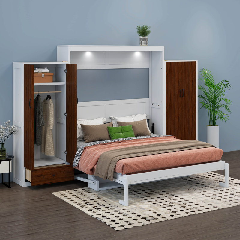 Grand lit escamotable avec lumière DEL, lit escamotable avec tiroirs de rangement pour garde-robe de bureau, lit escamotable pour chambre à coucher