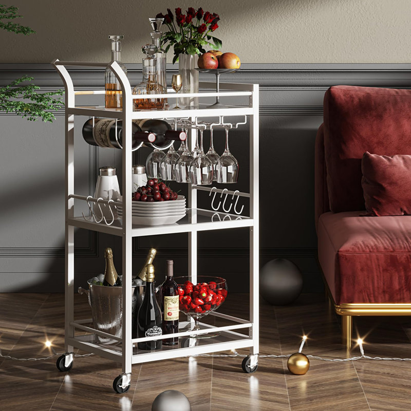Chariot-bar avec tablette miroir à 3 niveaux, Blanc