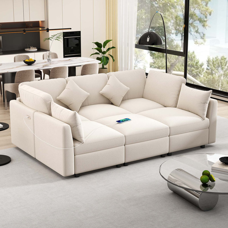 86,6 po Canapé modulaire Canapé modulaire en U Canapé-lit Canapé-lit en L avec repose-pieds mobile et deux ports USB pour le salon