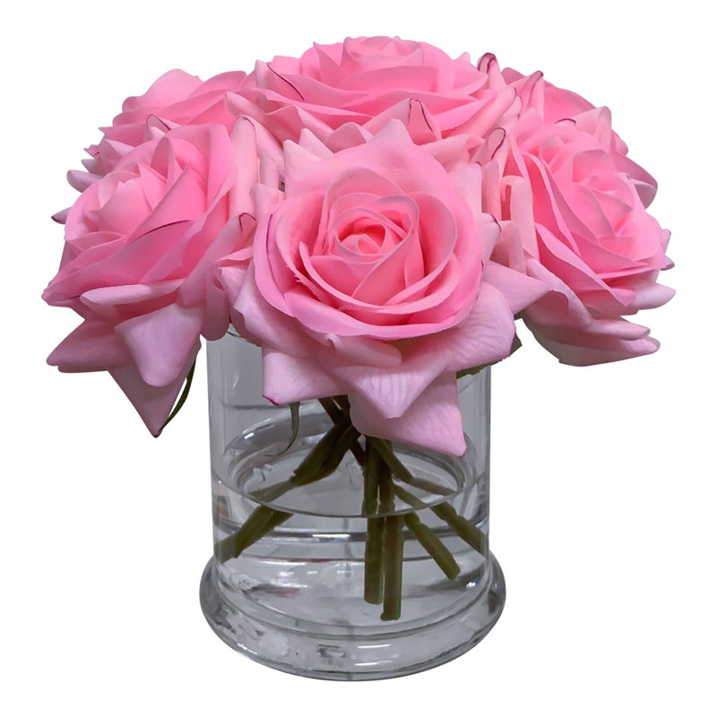 Pink Polysilk Rose Arrangement in Glass Vase