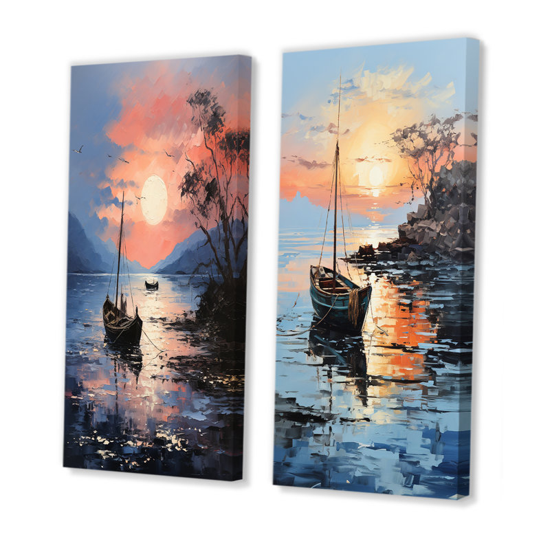 «Lake Fishers Boat Twilight I», ensemble d'art mural sur toile bord de mer, Toile tendue, H 32 po x l 33 po