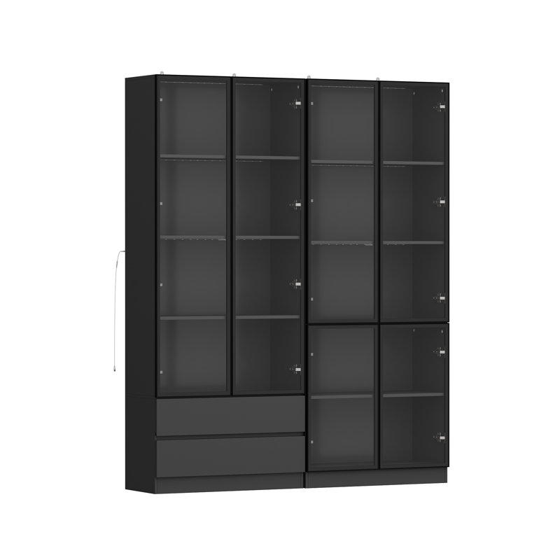 78.7'' H X 63'' W 2-Drawer Bookcase With Glass Doors And LED Light, Black