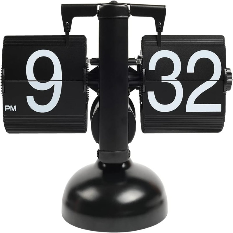 Flip Desk Clock (Black), Retro Vintage Design Auto Flip Desk/Table Clock Large Number Battery Powered Internal Gear Operated