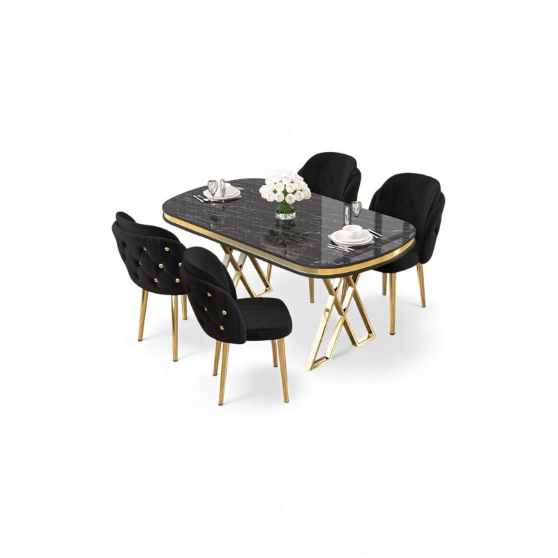 Ensemble de table et chaises de salle à manger (5 pièces), Ensemble de cinq pièces : table, quatre chaises, Marbre noir / Or