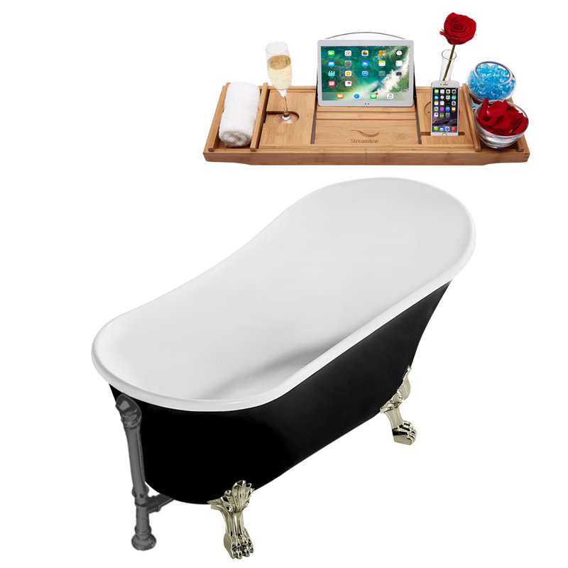 67" Streamline Clawfoot Soaking Acrylic Bathtub With Drain, Clawfeet, and Bamboo Tray, Brushed Nickel, Brushed Gun Metal