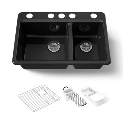 Évier de cuisine double à encastrer sous plan Riverby 33 po x 22 po x 9,625 po avec accessoires et 5 trous de robinetterie surdimensionnés