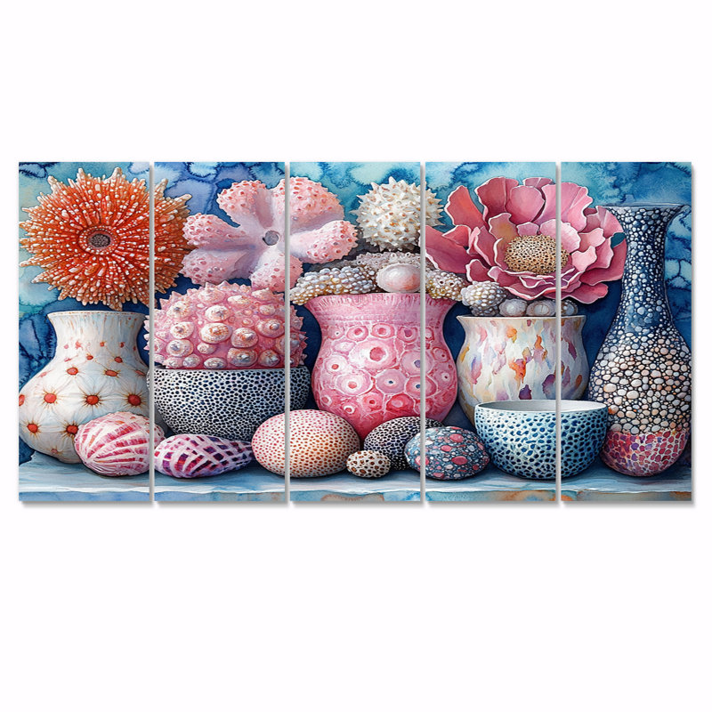 Bord de mer rose et poterie rose - ensemble de décoration murale de poterie de plage, H 28 po x l 60 po