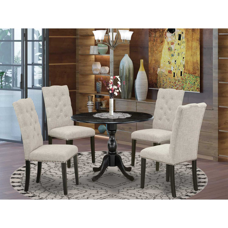 Solid Wood Top Dining table with Chairs with Drop Leaf Lattice Back, Beige, Wire Brushed Black, 5