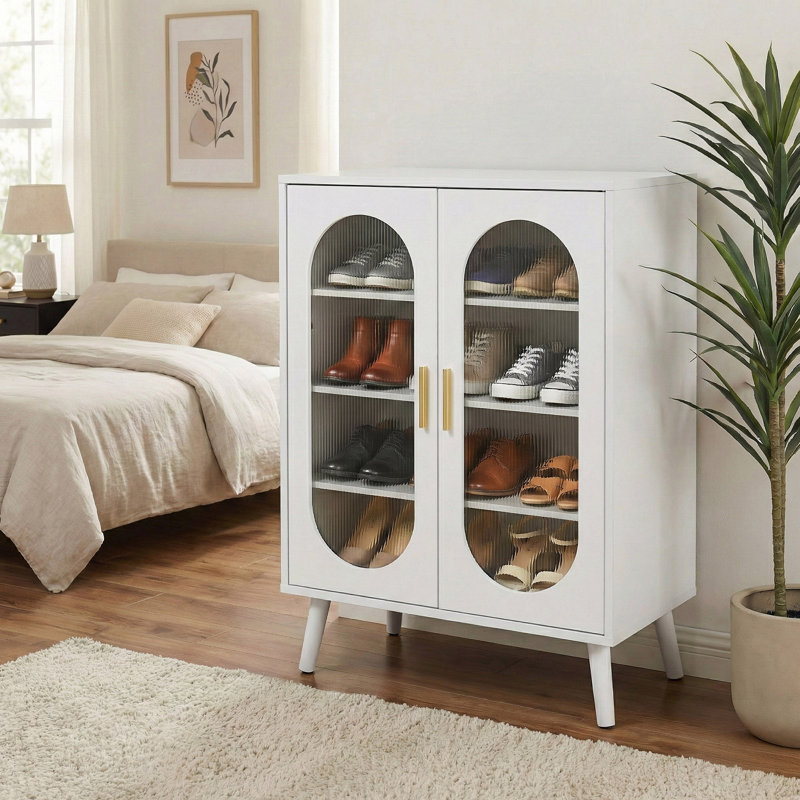 2 Door Sun Panel Elevated Shoe Cabinet USB 7 Color LED 4 Tier 26.77" W, White