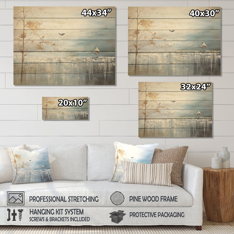 Motif de fleurs dorées et bleues au printemps III - Oiseau sur arbre sur bois, H 10 po x l 20 po