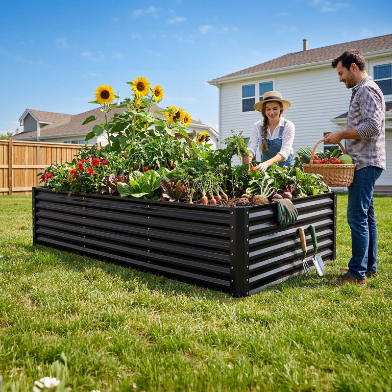 Galvanized Raised Garden Bed With Gloves, Black, 36" H x 96" W x 48" D