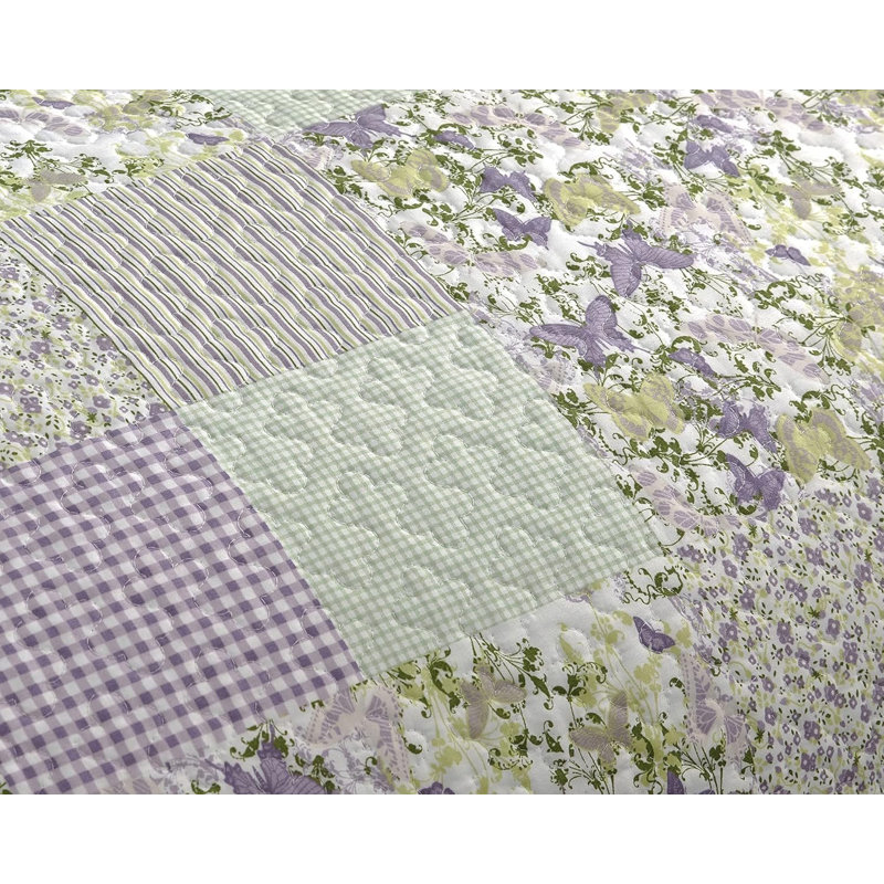 Pre-Washed Purple/Green/White Microfiber Reversible Quilt Set, Full / Double + 2 Standard Shams