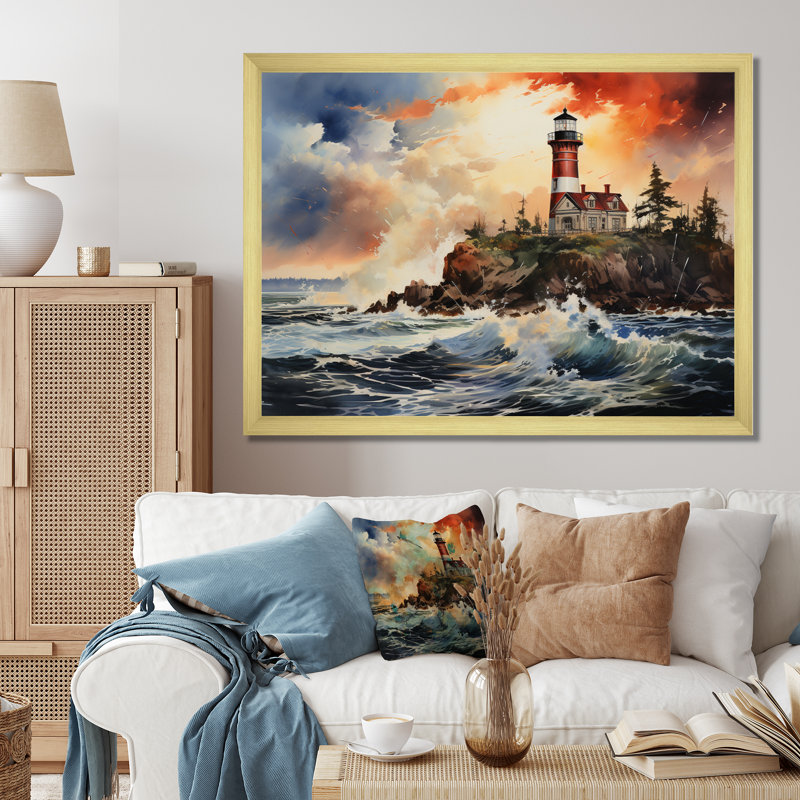 Phares rétro avec lumière guidée III sur toile, 24" H x 32" W, Gold Picture Framed