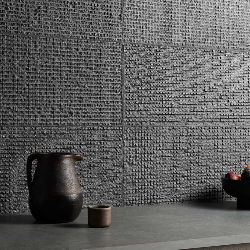 Rakestone Carved Noir Black 12x24 Honed Basalt Stone Tile, Cube 3D