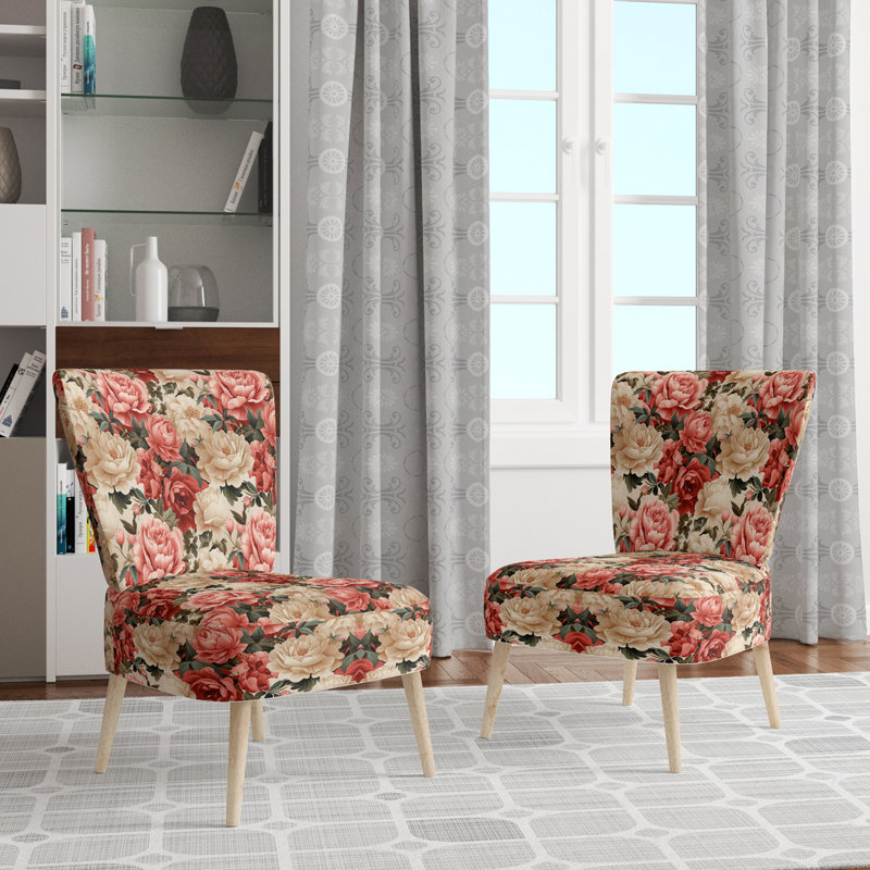Vintage Rose Floral Pattern - Upholstered Farmhouse Side Chair, Pink Accent Chair