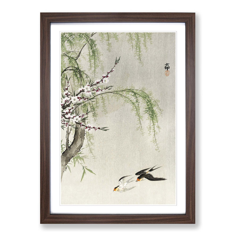 Two Swallows in Flight by Ohara Koson - Picture Frame Painting Print on MDF, Walnut Framed, 48cm H x 36cm W x 2cm D