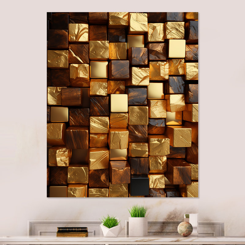 «Black and Gold Abstract Cubes III», art mural géométrique en métal, H 20 po x l 12 po x P 1 po