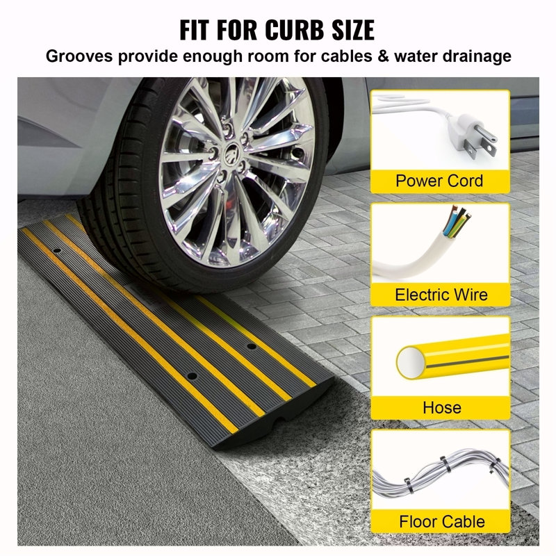 Rubber Curb Ramp For Driveway 1 Pack, 15T Heavy Duty Sidewalk Curb Ramp, 2.6" Rise Height Cable Cover Curbside Bridge Ramp For Garage For Low Cars, Wheelchairs