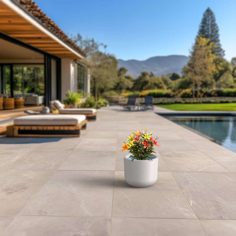 13,5 po Pot à fleurs rond en béton gris moyen (intérieur de qualité supérieure) avec trous de drainage