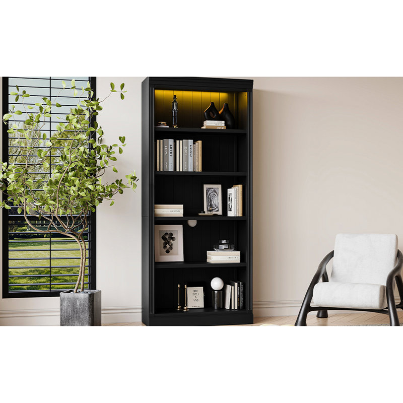 5 bibliothèques en bois avec bandes à DEL, 83,4 po de hauteur, tablettes réglables pour / livres / films, rangement noir