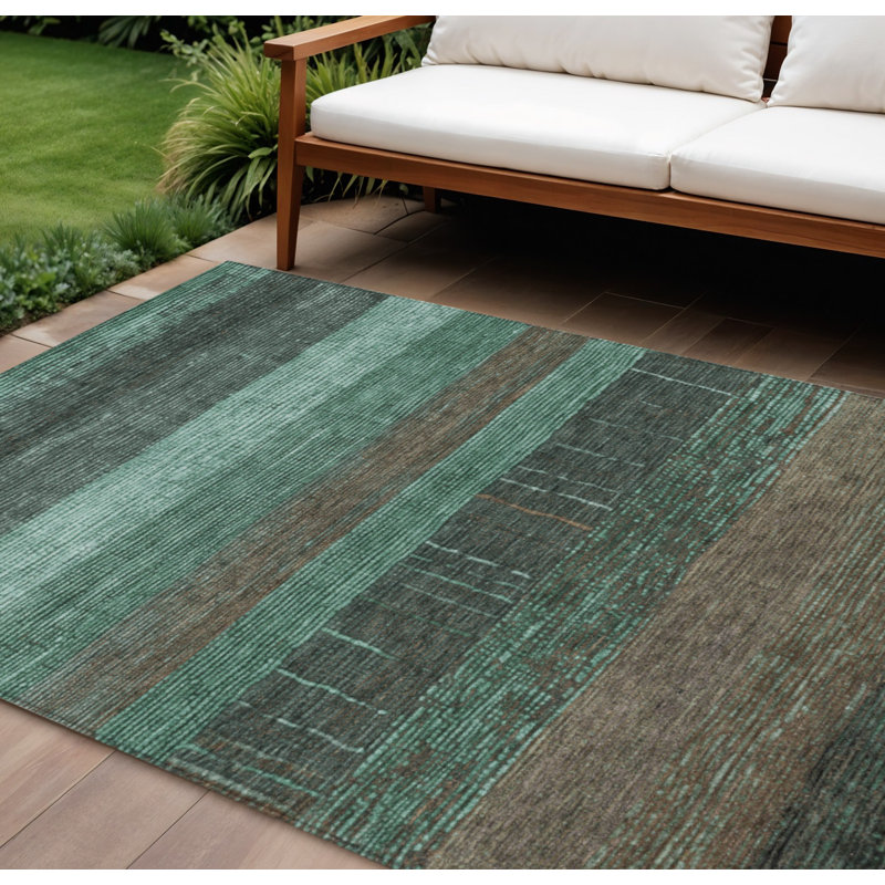 Tapis extérieur lavable rayé bleu sarcelle et taupe 10 pi x 14 pi