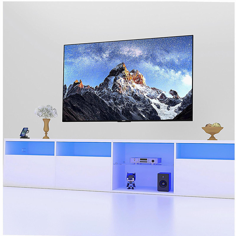 Meuble télé avec rangement, support pour téléviseur DEL de 82,6 po de long, sélection de couleurs RVB complète, 31 transformations d'éclairage pour un centre de divertissement moderne, avec cordon d'alimentation (blanc, pour les téléviseurs de 75/80 po)