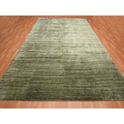 9'10"x14' Moss Green, Plain Design, Hand Knotted, Soft to the Touch, Pure Silk, Vibrant and Shiny, Oriental Rug