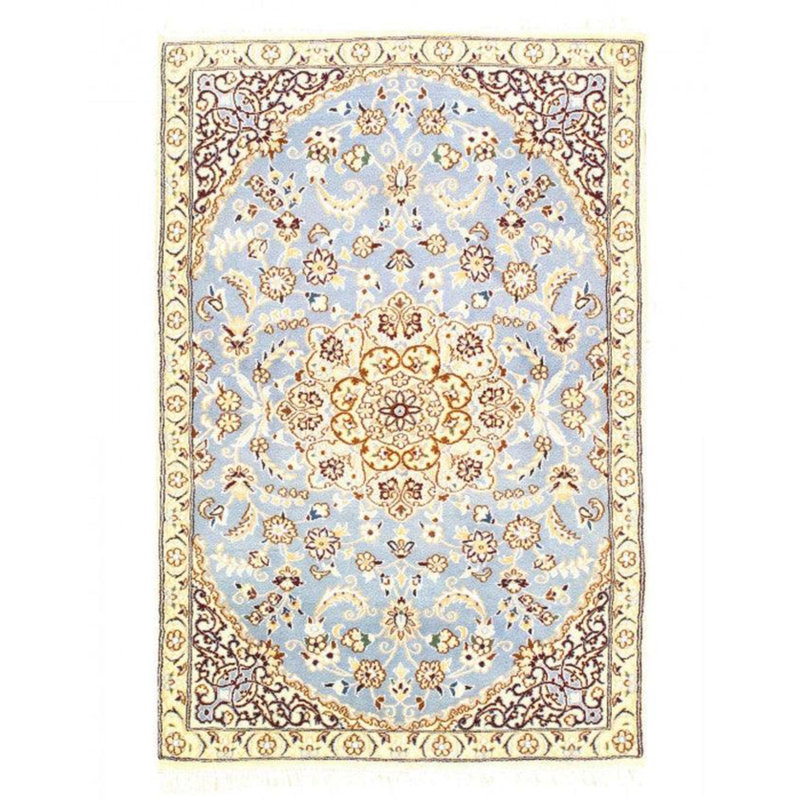 Tapis bleu clair / beige en coton / soie / laine Rajpreet