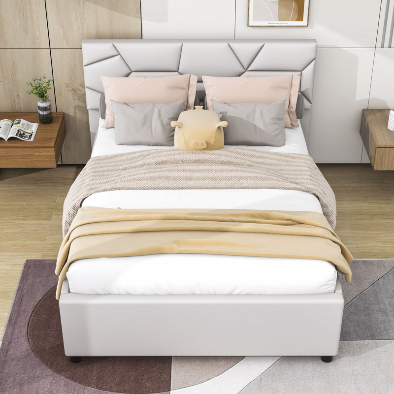 Lit plateforme tapissier avec lit gigogne simple et tête de lit, Complète, Beige