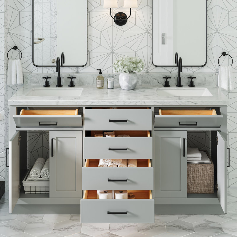 Thornaby 66'' Solid Wood Double Bathroom Vanity with 1.5'' White Quartz Top, Oval Sinks, Gray / Matte Black, Rectangular