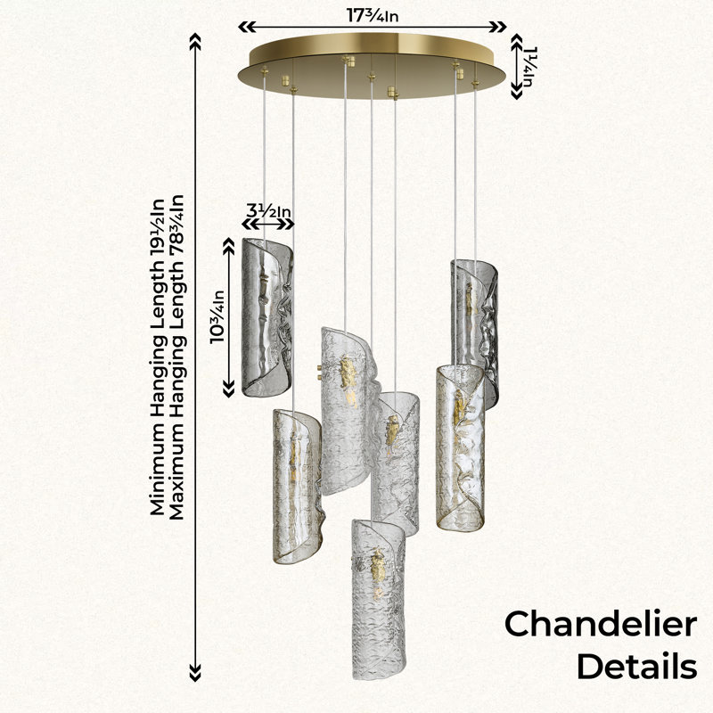 Lustre moderne en verre texturé artistique moderne, H 78,75 po x l 17,75 po x P 17,75 po, 7 lumières