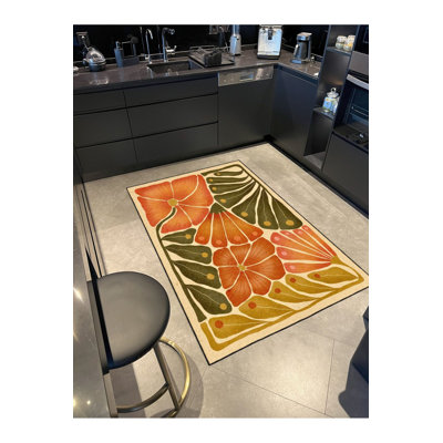 Orange Leaf Patterned Woven Base Washable Rug