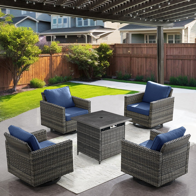 Nazime 4 - Person Outdoor Seating Group with Fire Pit and Rocking & Swivel Chairs with Cushions, Blue
