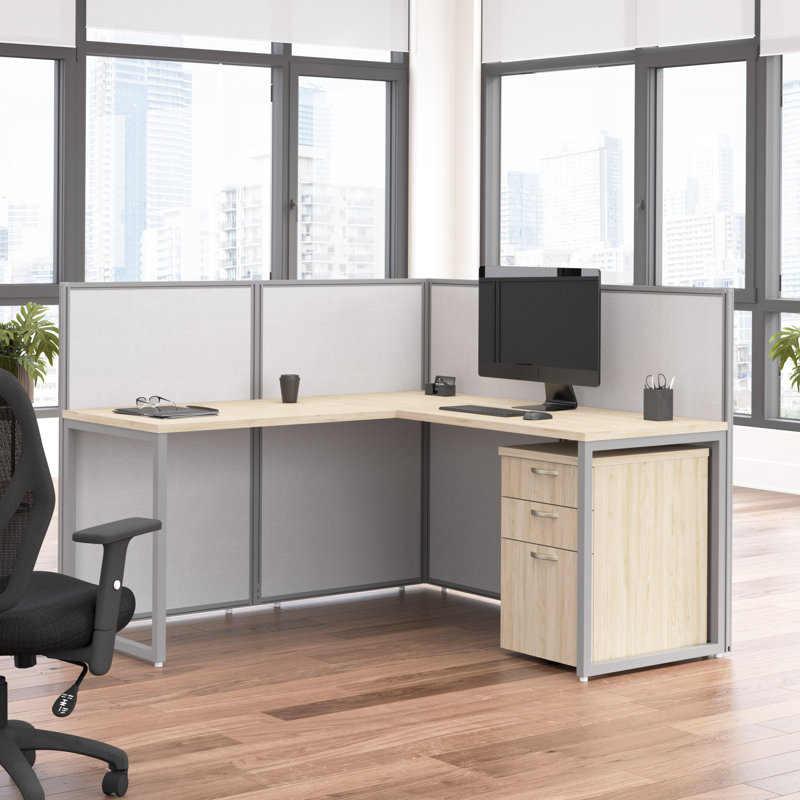 Easy Office L-Shaped Open Benching Workstation - Reversible, Natural Elm