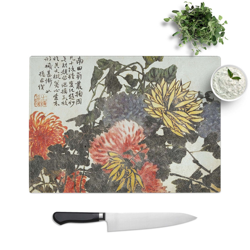 Tempered Glass Assorted Flowers Chopping Board, 39 cm W x 28.5 cm L