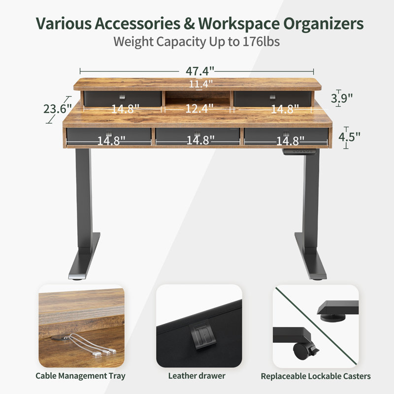 Schwenk 47.4'' W Height Adjustable Rectangle Standing Desk, Black, 28" H x 48" W x 24" D