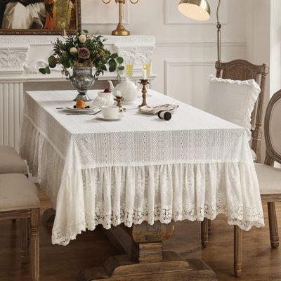 Vintage White Lace Tablecloth,Design Embroidered Cotton Ruffle Table Cloth For Rectangle Table,Elegant Rustic Fabric Decorations 55"*71"