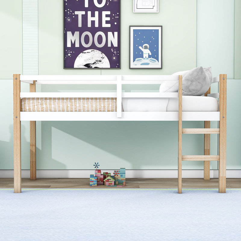 Twin Low Loft Bed With Ladder, Guardrails And Slats